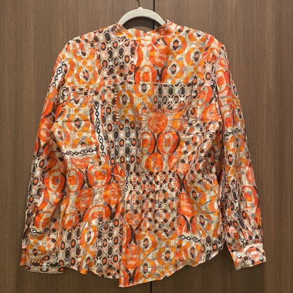Ruby Rd. Orange Abstract Button Down Top Size 14 Mesh Detail Smocked Back Waist - Picture 9 of 16